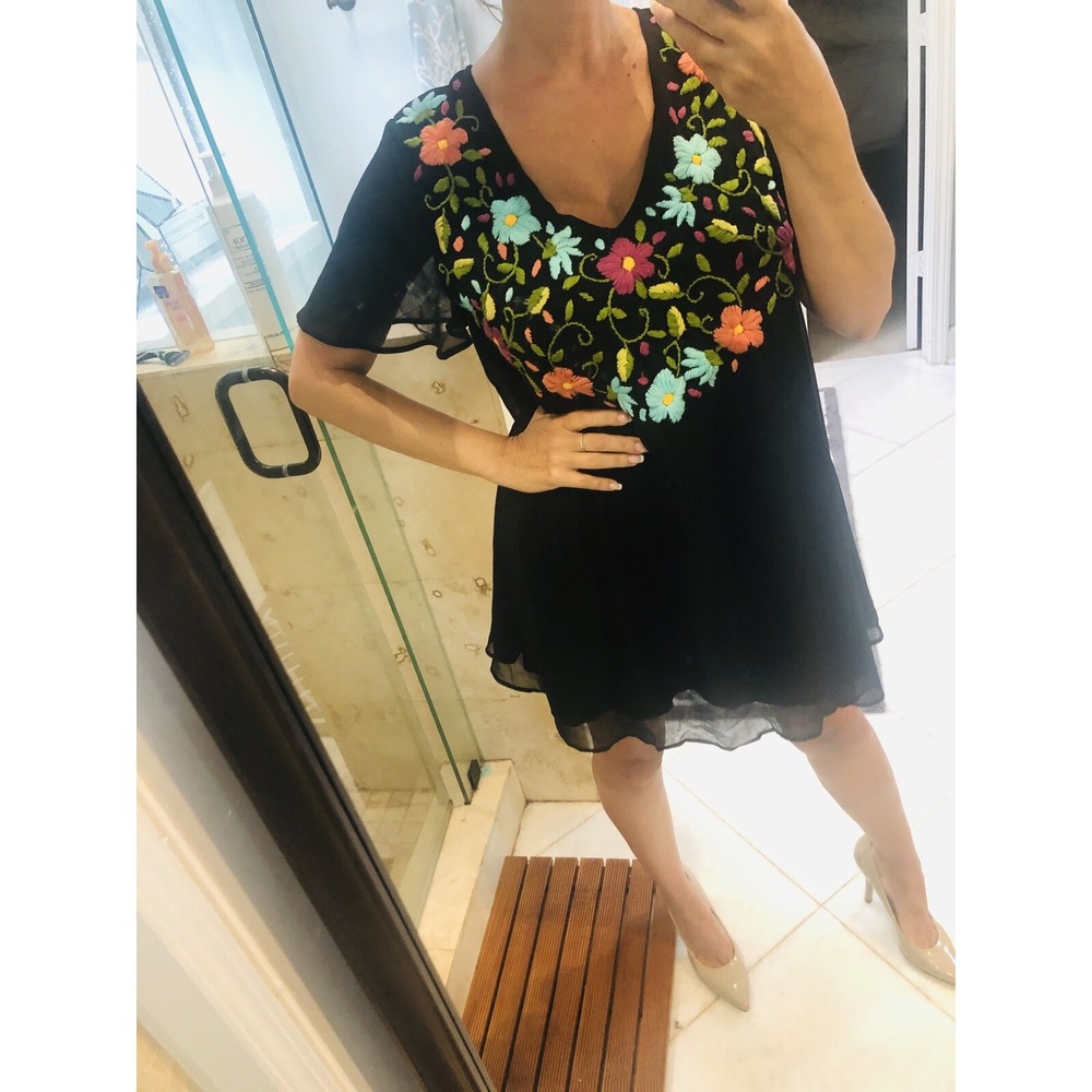 Judith March Womens Black Embroidered Flutter Sleeve Shift Dress Size L NWT